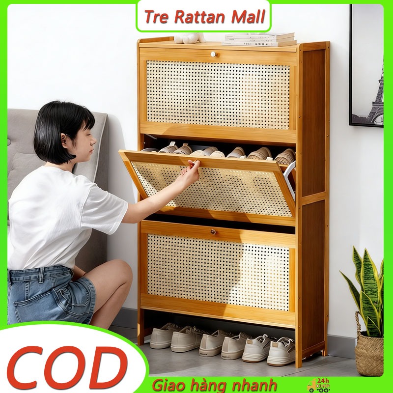 Tủ Giày Siêu Mỏng 3 Tầng Có Hậu Kín Sâu 17cm Tủ để giày kiêm kệ trang trí chất liệu gỗ tre bền đẹp