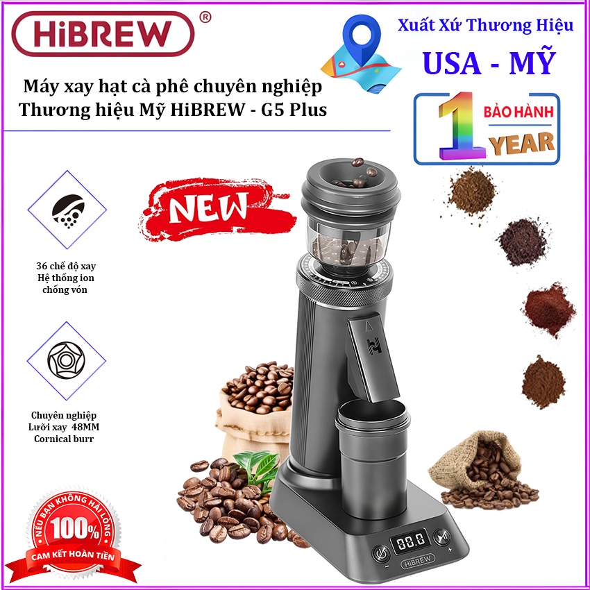 Máy xay hạt cà phê chuyên nghiệp Single Dose, tích hợp 36 chế độ xay. Thương hiệu Mỹ cao cấp HiBREW 