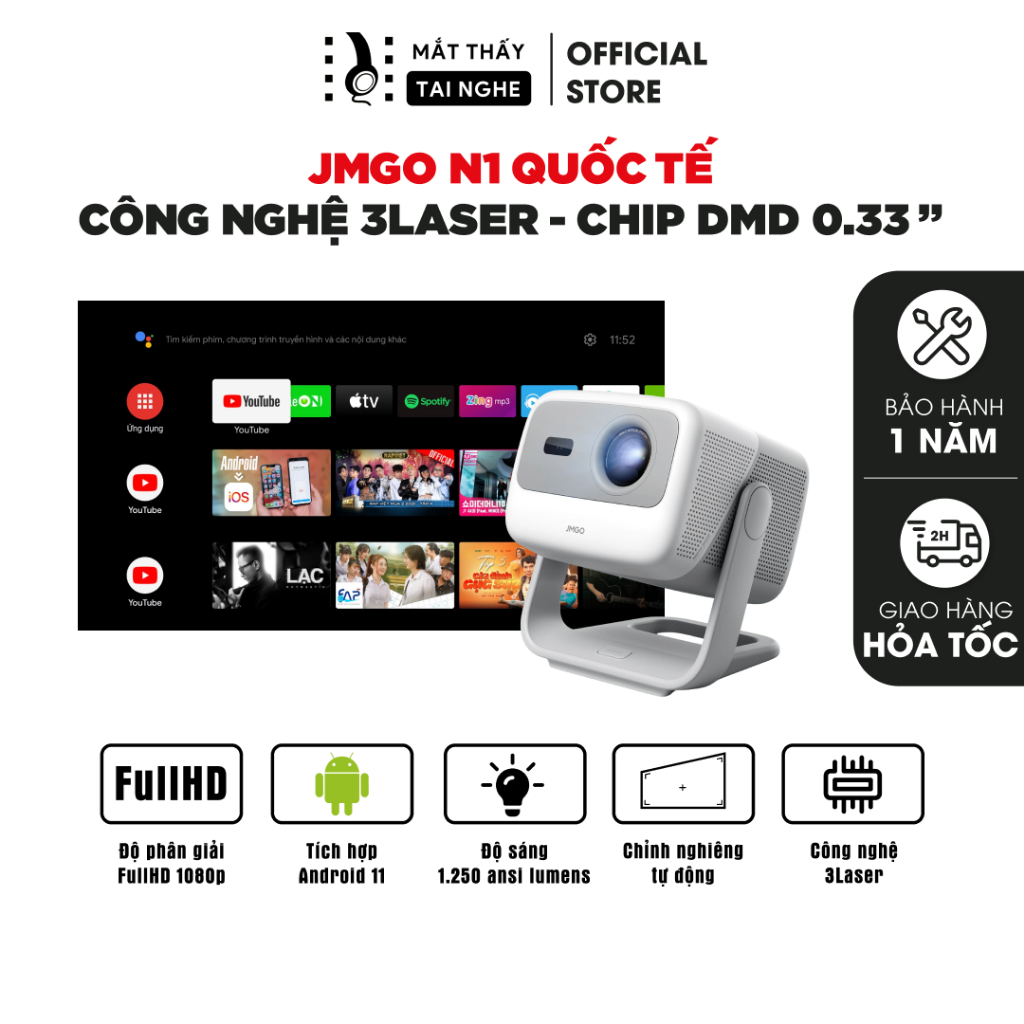 JMGO N1 Quốc tế - Máy chiếu thông minh tích hợp AndroidTV 11, độ phân giải FullHD, độ sáng 1250 ansi