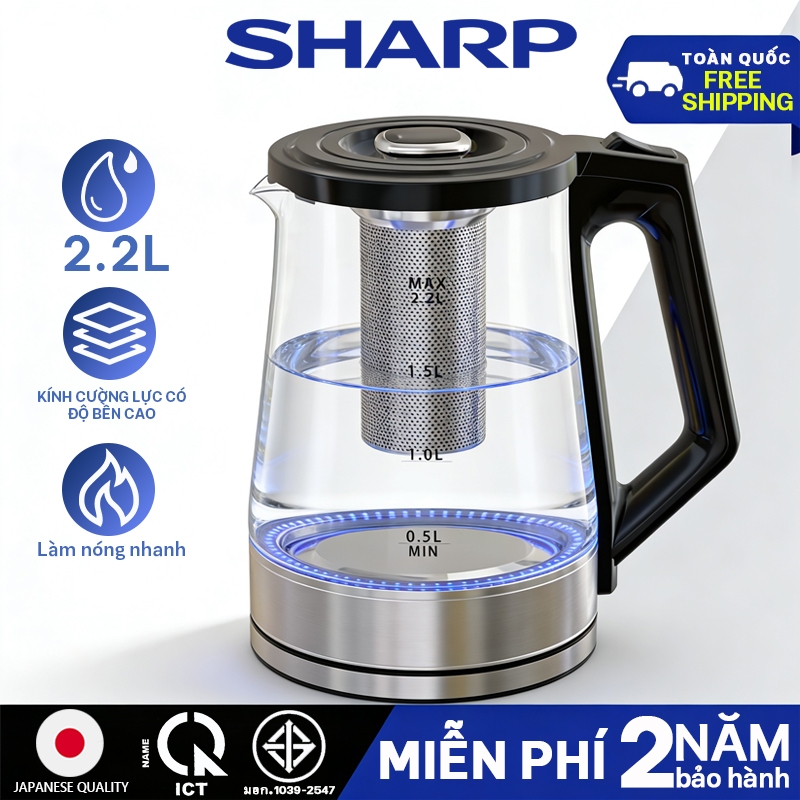 BH 24 Tháng/Ấm siêu tốc 2.2 lít,bình thủy tinh gồm lõi lọc trà bằng inox,1500W Đun Nước Nhanh Chóng, Tiết Kiệm Điện