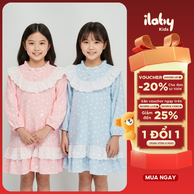 Váy bé gái ILABY tay dài họa tiết tim phối ren công chúa đi chơi chụp ảnh dễ thương [3378]