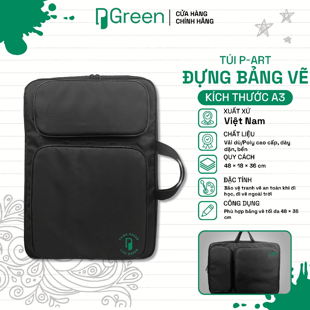 Túi đựng bảng vẽ  P-ART KT 48x36cm-PGREEN