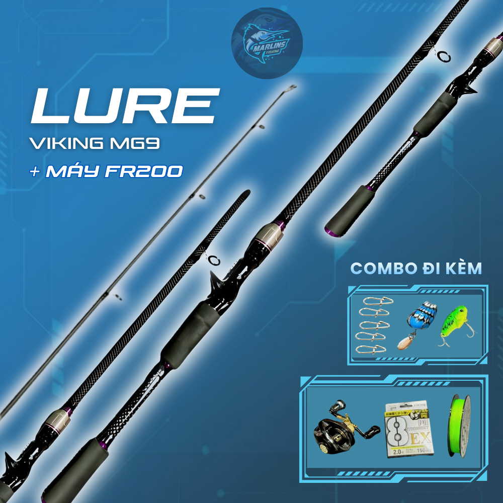 Combo Cần Lure Viking MG9 + Máy Câu FR200 – Tặng Dây Viking X8 150m + Cá Sắt + Nhái Hơi 5g + Khóa Li