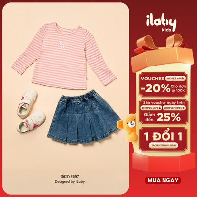 Mix set bé gái ILABY áo kẻ dài tay phối nơ và quần giả váy jean xếp ly dễ thương [3637 + 3697]