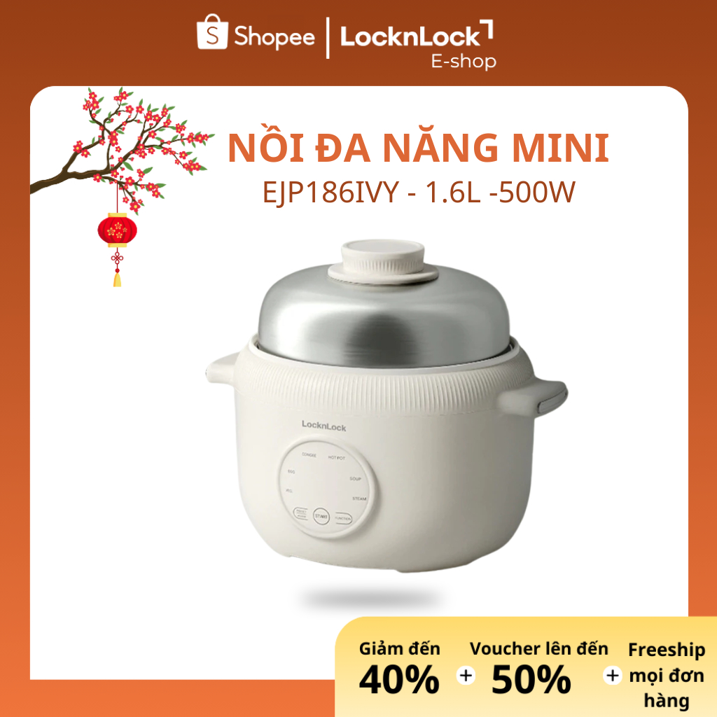 Nồi Điện Đa Năng LocknLock EJP186IVY – 1.6L, 500W, Màu Ngà, Có Xửng Hấp, Nấu Lẩu – Cháo – Hấp