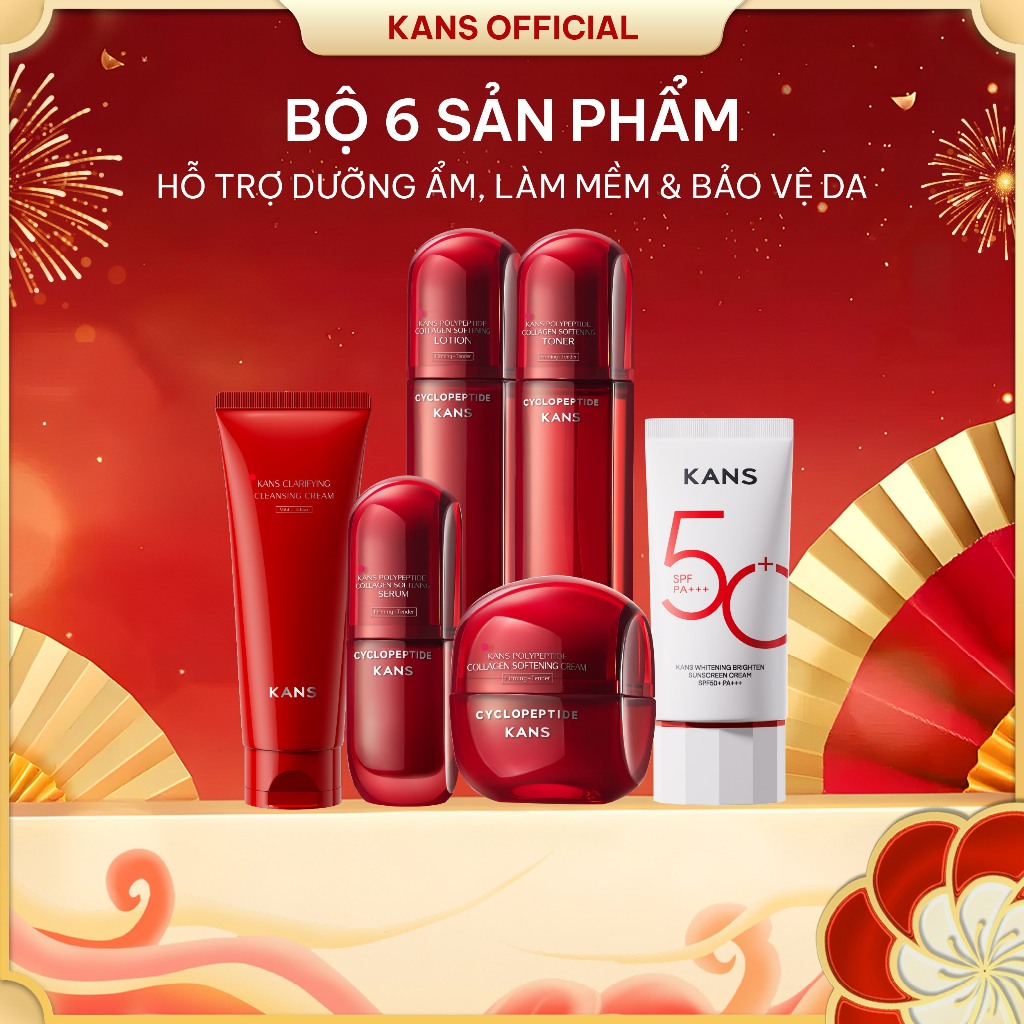 Combo Bộ Dưỡng Da Mặt Kans Đỏ Chống Lão Hóa Cấp Ẩm Bổ Sung Collagen Kèm Kem Chống Nắng SPF 50+PA+++
