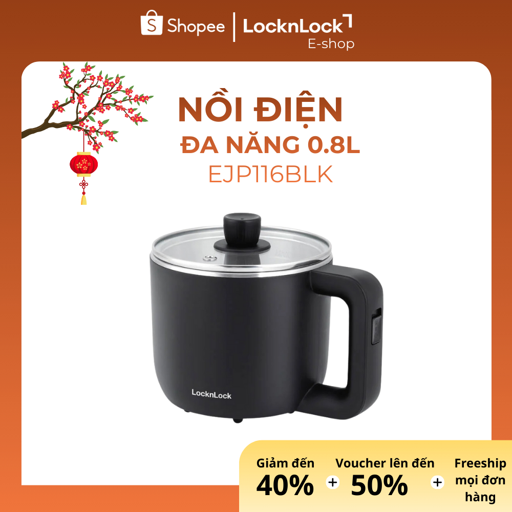 Nồi Điện Đa Năng LocknLock 0.8L EJP116BLK – Nồi Lẩu Mini, Nấu Mì, Có Khay Hấp Trứng, Tiện Lợi