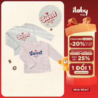 Áo thun bé gái ILABY tay dài sọc Sweet like honey cotton mềm mặc ở nhà đi chơi [3400]