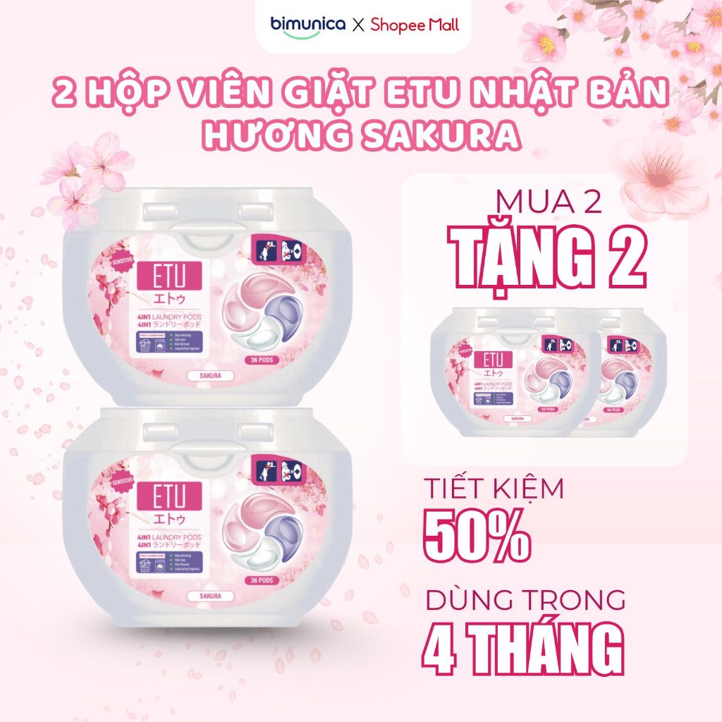 Viên Giặt ETU 4 IN1 Hương Sakura Hoa Anh Đào 72 Viên Thơm Sạch Dịu Nhẹ