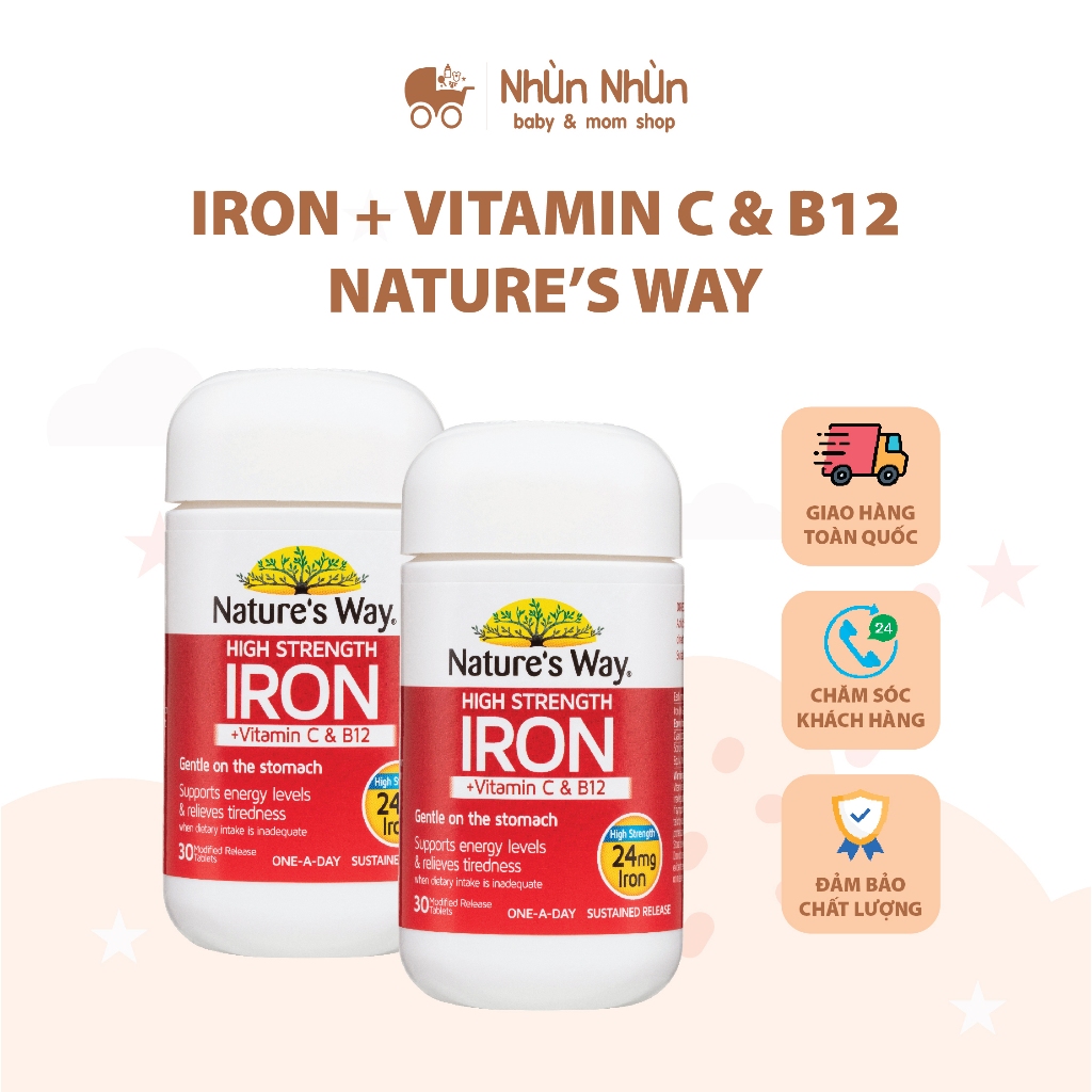(Nhùn nhùn) Nature’s Way High Strength Iron - Bổ Sung Sắt, Vitamin C, Vitamin B12 (30 Viên)