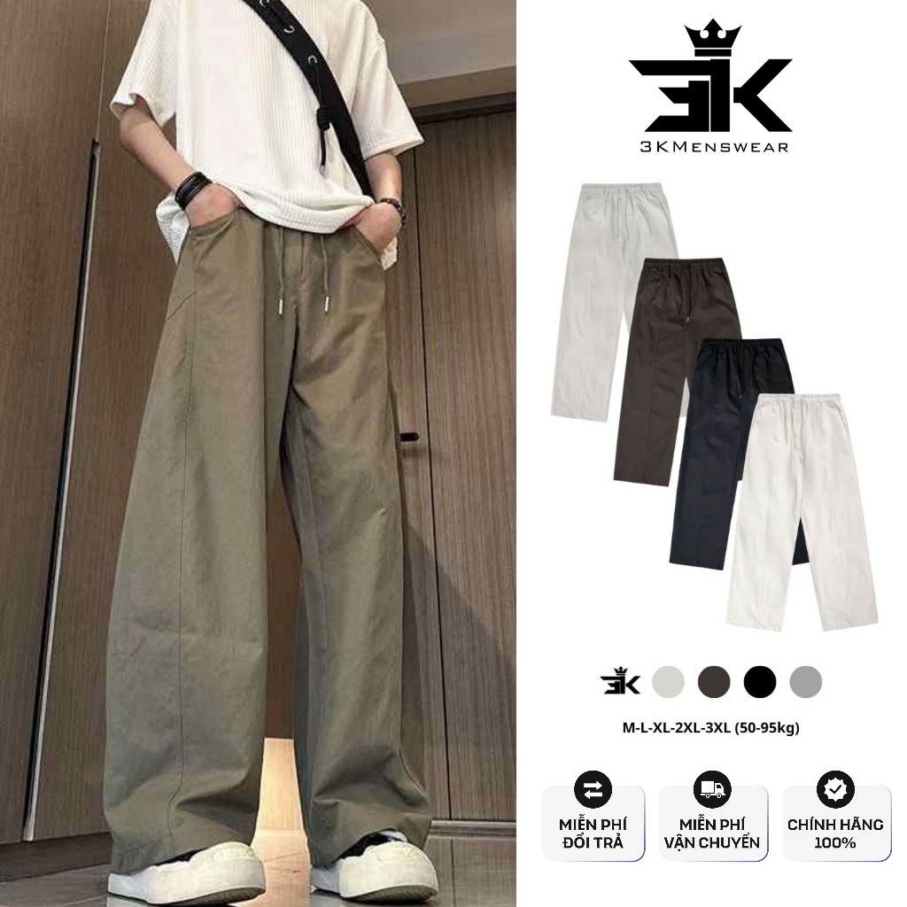 Quần Dài Nam Nữ, Quần Kaki from rộng dáng suông 3KMENSWEAR cạp chun thoáng mát co giãn