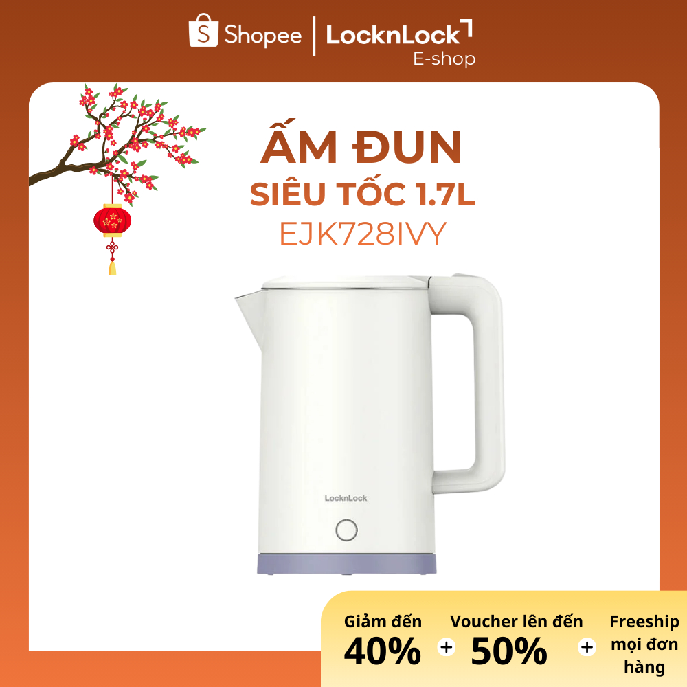 Ấm Điện Siêu Tốc LocknLock 1.7L EJK728IVY – 1850–2200W, Vỏ Hai Lớp Cách Nhiệt, An Toàn, Chính Hãng