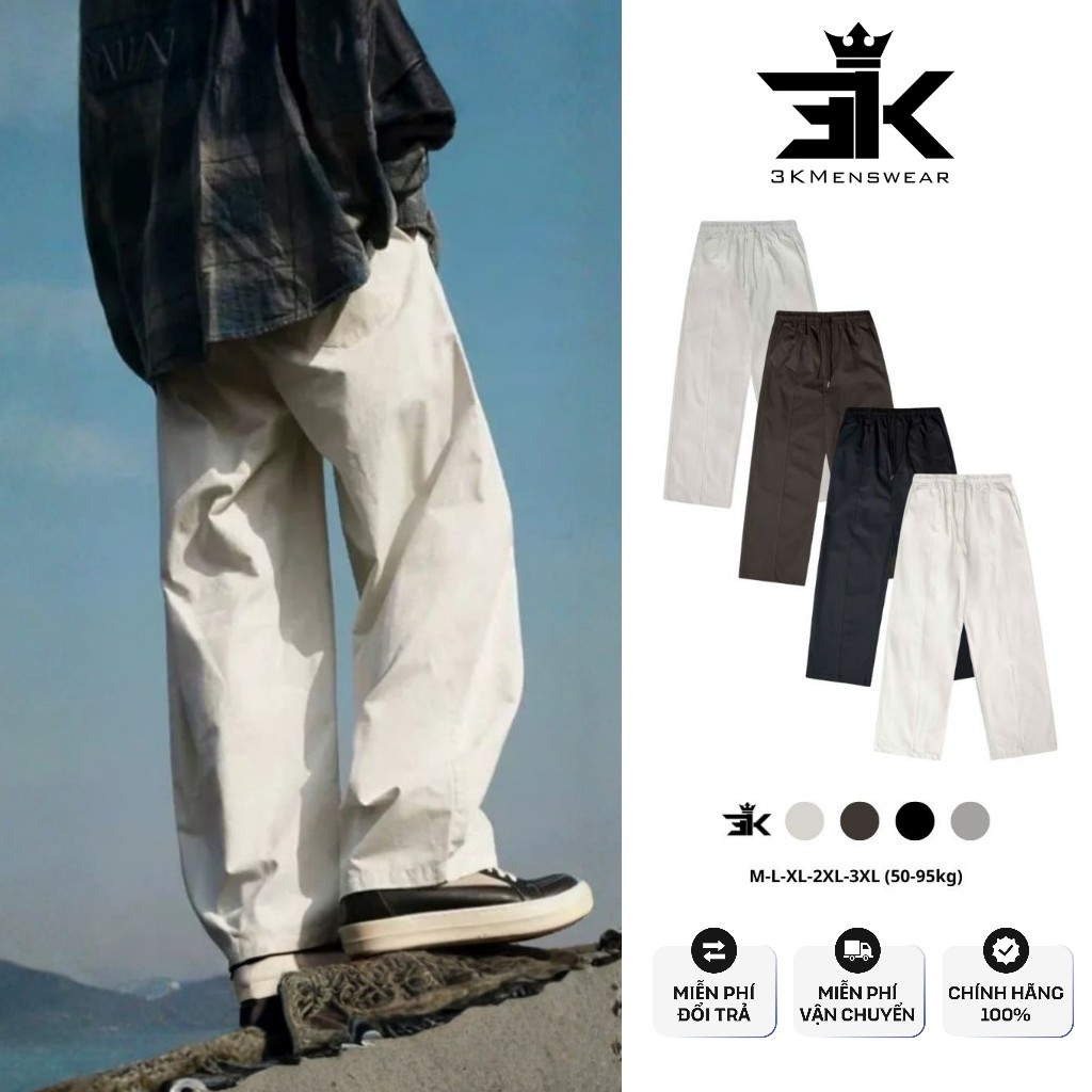 Quần Dài Nam Nữ, Quần Kaki from rộng dáng suông 3KMENSWEAR cạp chun thoáng mát co giãn