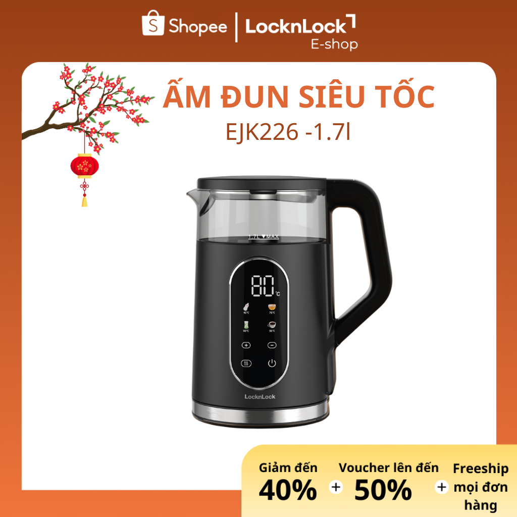 Ấm Điện Siêu Tốc LocknLock 1.7L EJK286BLK –Digital Kettle, 5 Chế Độ Nhiệt, Giữ Ấm 2 Giờ, Màu Đen