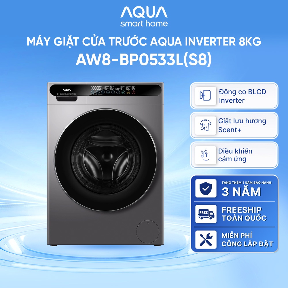 [SẢN PHẨM MỚI] Máy giặt cửa trước AQUA Inverter 8kg AW8-BP0533L(S8) - Bảo hành 2 năm - Freeship toàn quốc