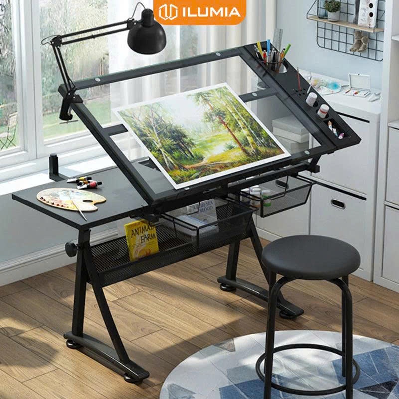 Bàn vẽ kỹ thuật bàn học mặt kính cường lực tuỳ chỉnh góc nghiêng kèm đèn kẹp đầy đủ công năng thương