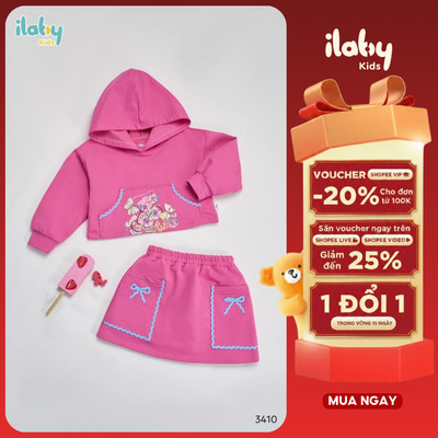 Set bé gái ILABY hoodie hồng phối chân váy xinh năng động mặc đi học đi chơi thoải mái [3410]