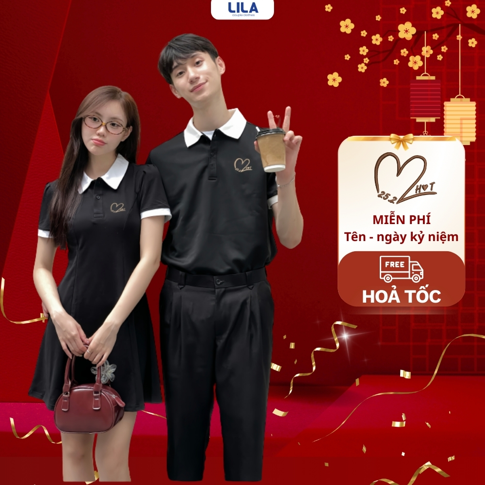 Set đồ đôi áo polo nam & váy có cổ nữ thêu moni theo yêu cầu làm quà tặng - đồ cặp đôi thiết kế LiLa