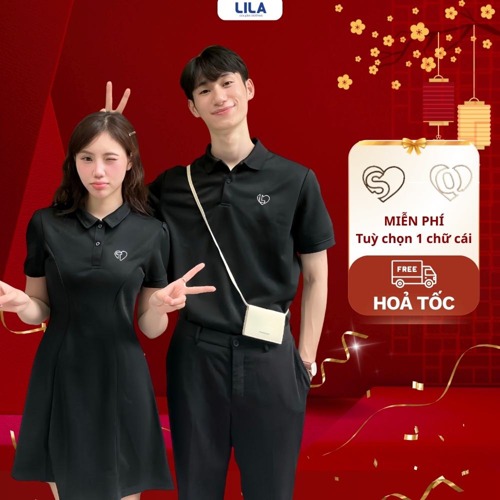 Set đồ đôi nam nữ thêu chữ cái theo yêu cầu INSIDE HEART đồ cặp đôi áo polo nam váy nữ LILA cotton