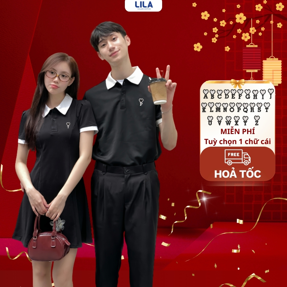 Set đồ đôi áo polo nam và váy có cổ nữ FOREVER LILA basic thêu theo yêu cầu đồ cặp couple cotton