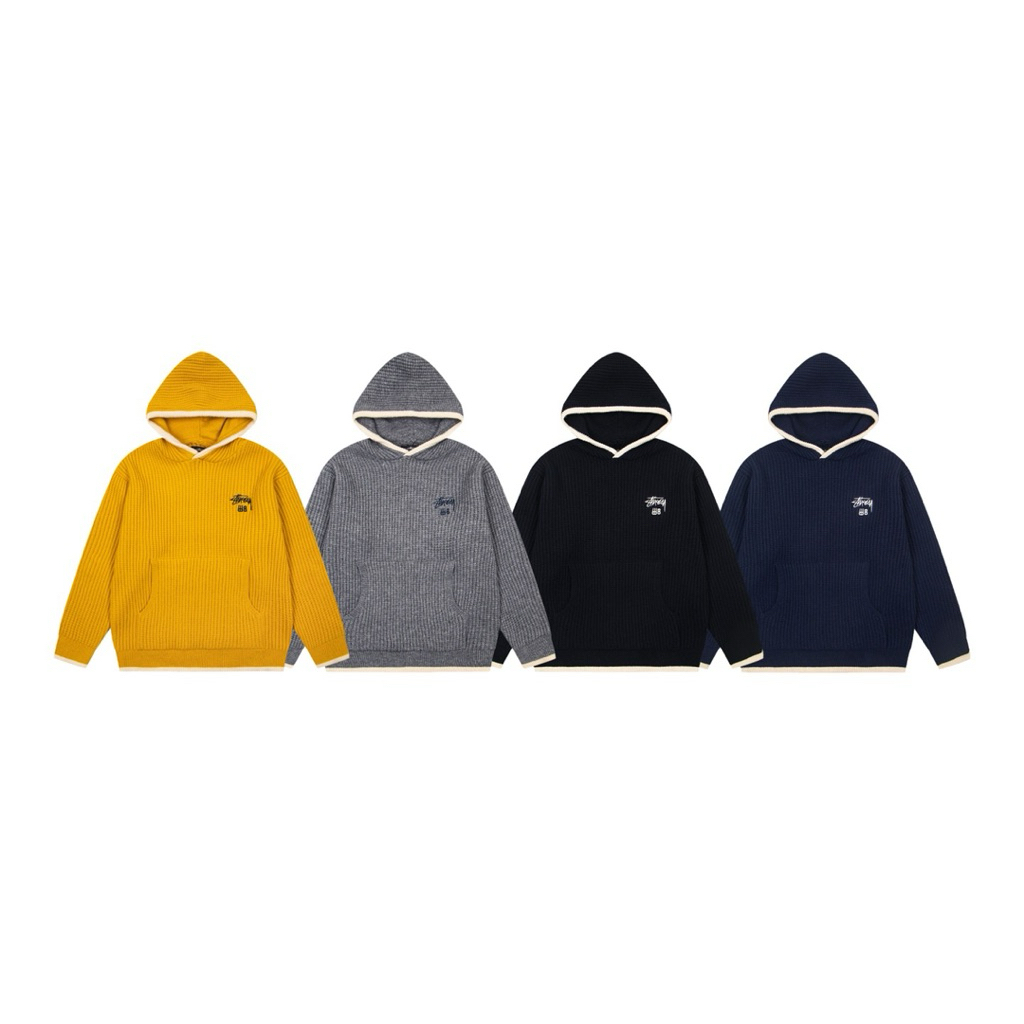 Áo Hoodie Stussy Len Gân Viền Nổi Màu Basic Thời Trang, Hoodie Stussy Wales Bonner FW25