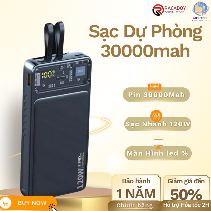 Sạc Dự Phòng 30.000mah hỗ trự Sạc nhanh 120W -Tích hợp 2 dây sạc Type-C & Ln SẠC 3 THIẾT BỊ CÙNG LÚC