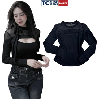 [ TCshopjean ] Áo Thun Lưới Nữ Bigsize Khoét Ngực (KO KÈM NƠ) Tay Dài Chất Cao Cấp Hàng Shop Vạt Dài Mã 140