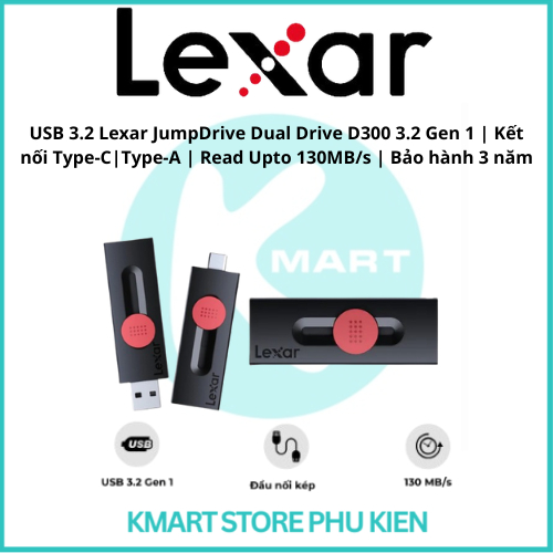USB 3.2 Lexar JumpDrive Dual Drive D300 | Kết nối USB-A / USB-C | Read Upto 130MB/s | Bảo hành 3 năm