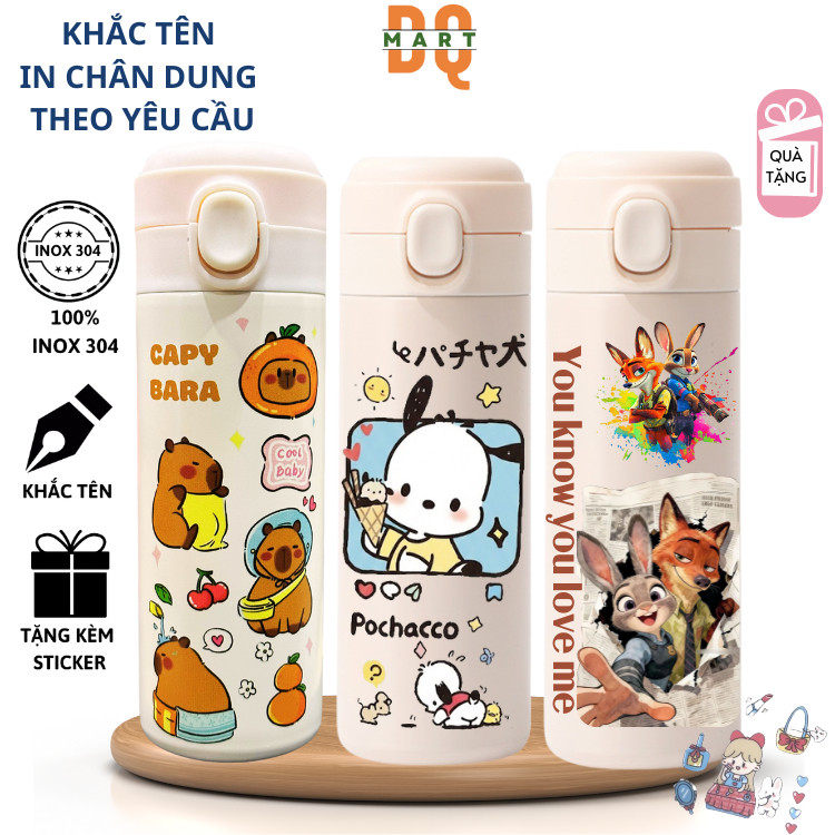 Bình giữ nhiệt Gấu Dâu Dqmart 400ml giữ nhiệt 12h, Bình giữ nhiệt gấu dâu, inox 304 400ml -DQMART