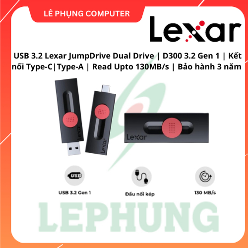 USB Lexar D300 32GB/ 64GB/ 128GB/ 256GB, Chuẩn USB 3.2, Tốc độ đọc 130Mb/s, Chất liệu nhựa giảm nhiệ