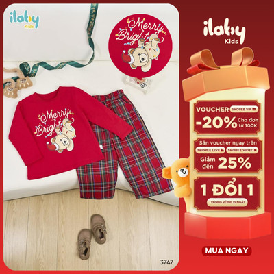 Set bé gái ILABY áo đỏ Merry Bright quần caro dài tay mặc noel lễ hội chụp ảnh dễ thương [3747]