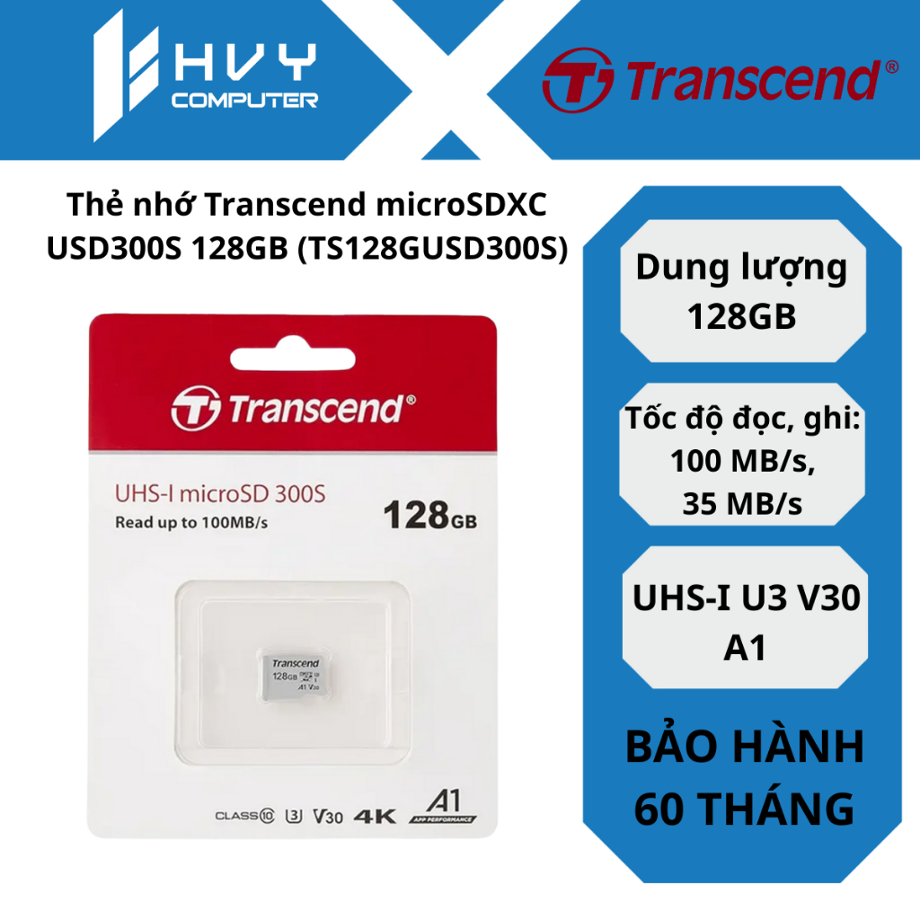 Thẻ nhớ Transcend microSDXC  USD300S 128GB (TS128GUSD300S) - Hàng Chính Hãng