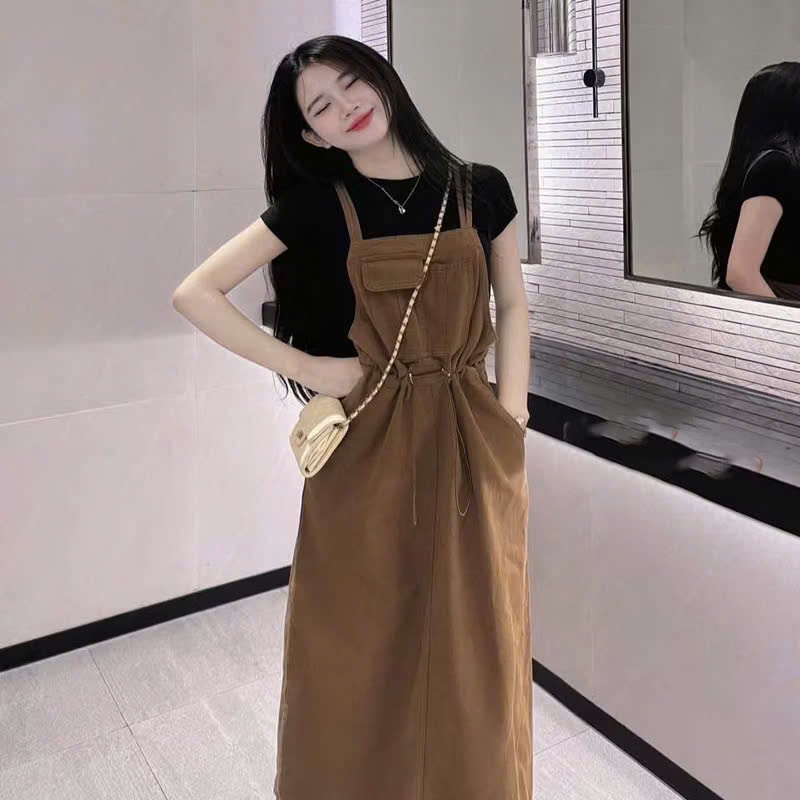 Đầm yếm jean nữ dáng dài chữ A, váy yếm bò 2 dây điều chỉnh form rộng