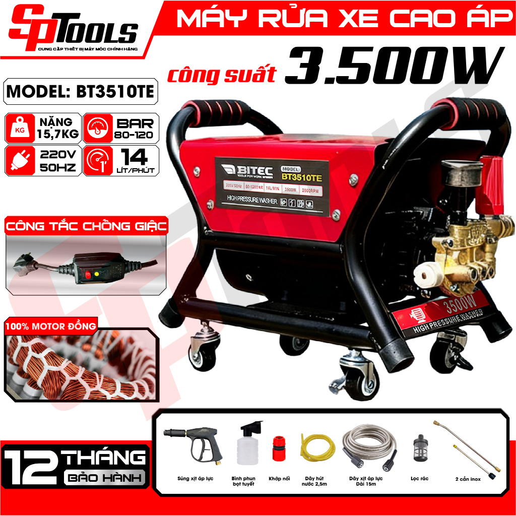Máy Rửa Xe Cao Áp Btec BT3510TE 3500W – 120 Bar – Tự Hút Nước – Có Bánh Xe Di Chuyển