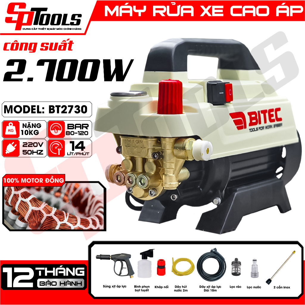 Máy Rửa Xe Cao Áp Btec BT2730 2700W – 120 Bar – Tự Hút Nước – Nhỏ Gọn, Xịt Mạnh