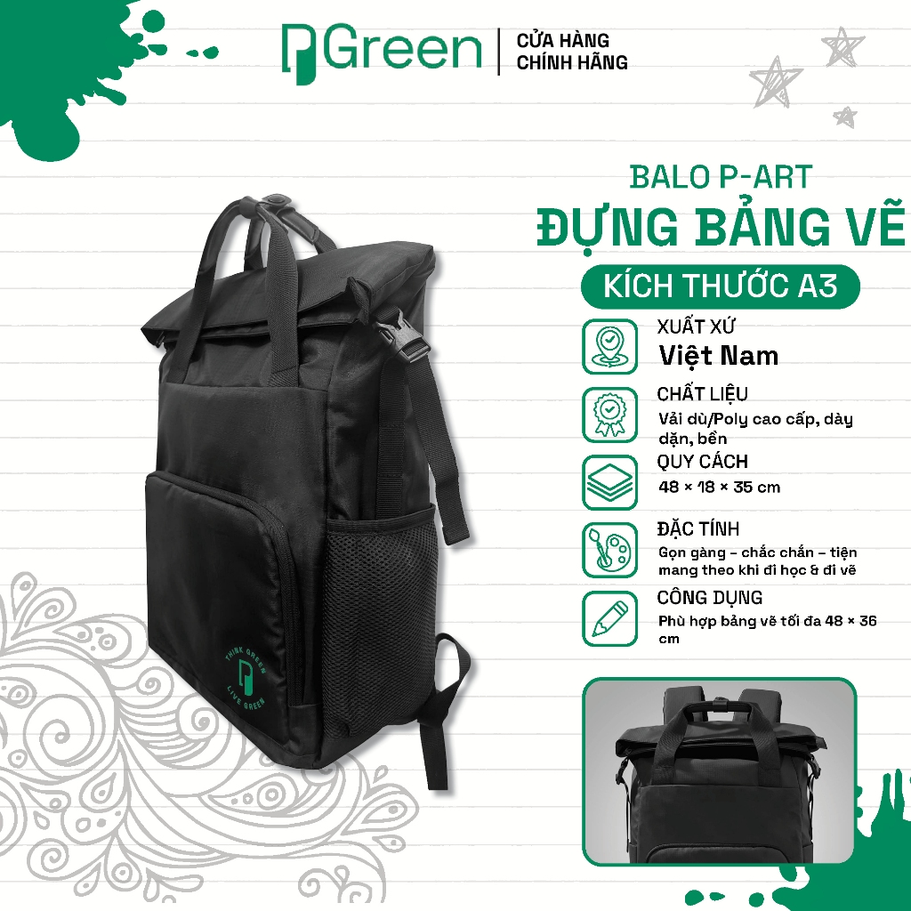 Balo đựng bảng vẽ  P-ART KT 48x18x35 cm- PGREEN