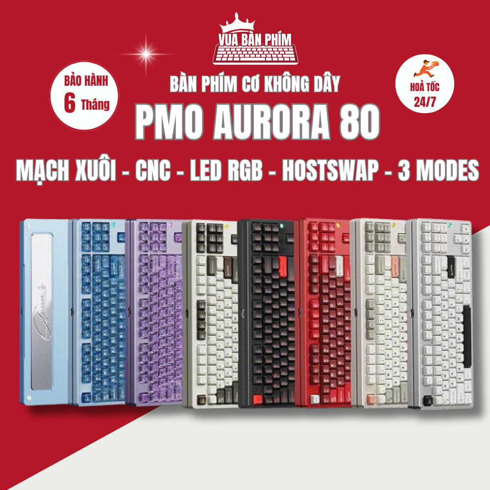 Bàn phím cơ không dây PMO Aurora 80 nhôm CNC ,layout TKL 87 phím ,  mạch xuôi, 3 modes, leg rgb , ho