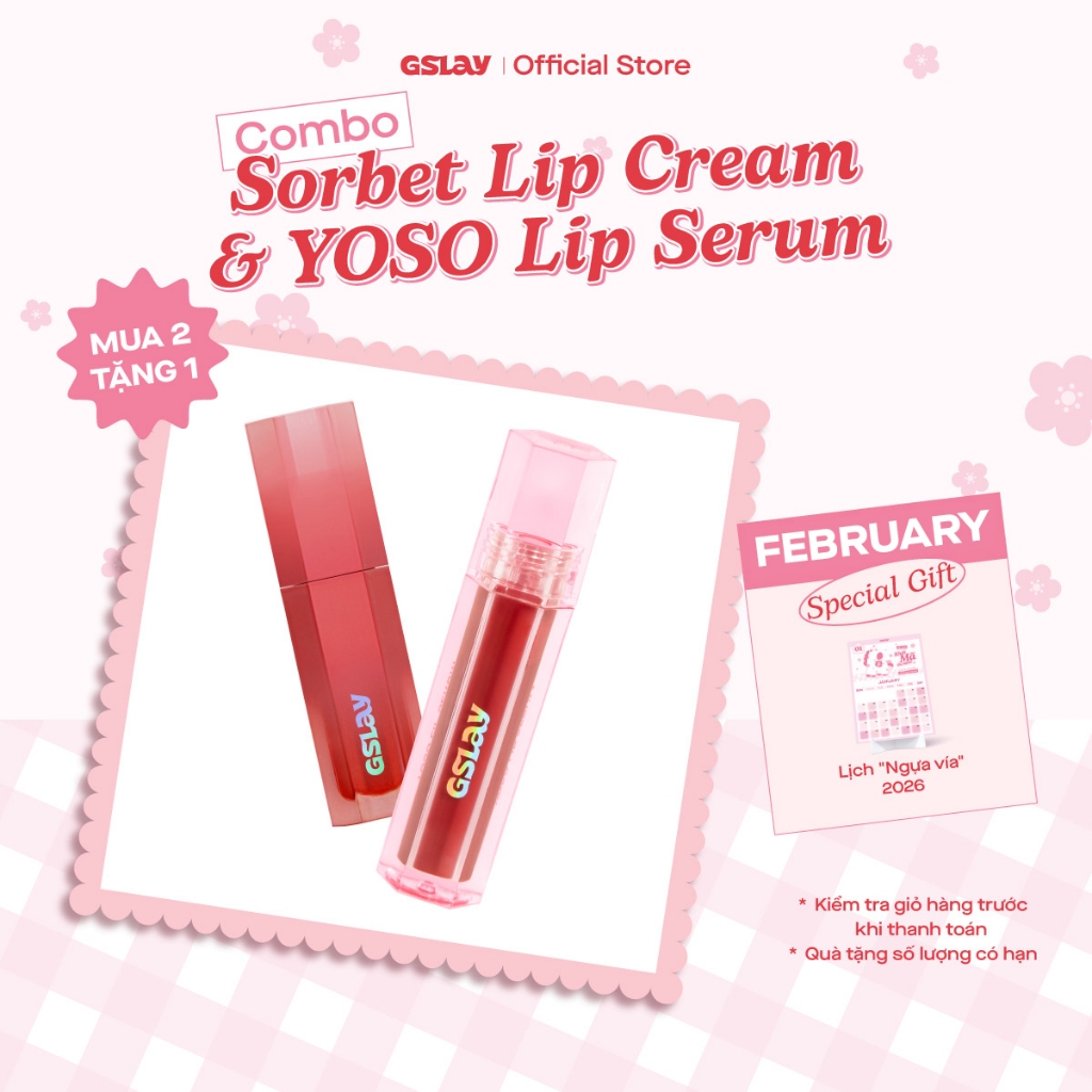 Combo GSLAY Sorbet Lip Cream mịn lì thuần chay che phủ rãnh môi (4g) & GSLAY YOSO Lip Serum dưỡng ẩm, tái tạo môi (1ml)