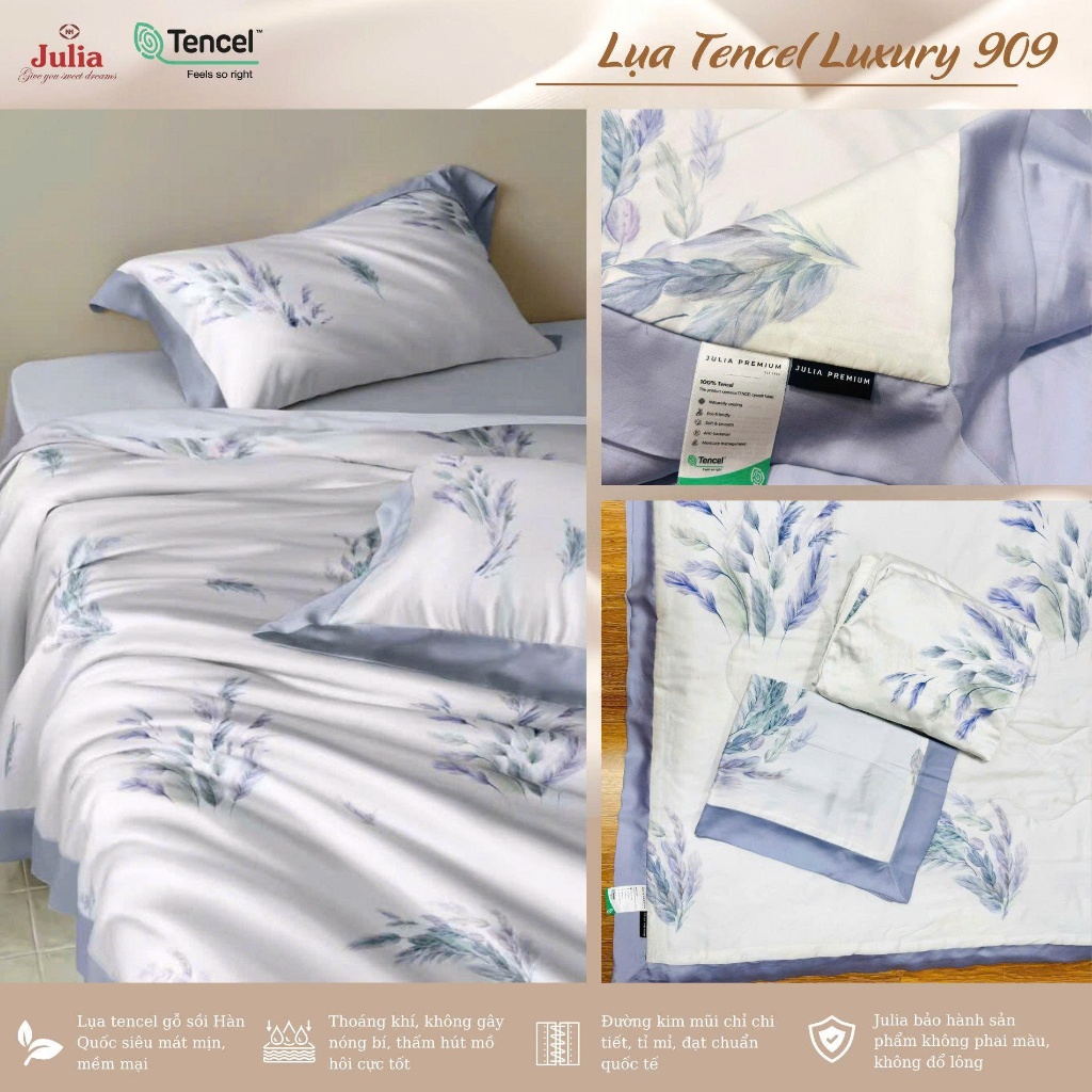 Bộ Chăn Ga Gối Lụa Tencel 100% Gỗ Sồi Cao Cấp Julia- Mềm Mịn, Mát Lạnh, Ga Giường Bọc Thun -SIZE 2Mx