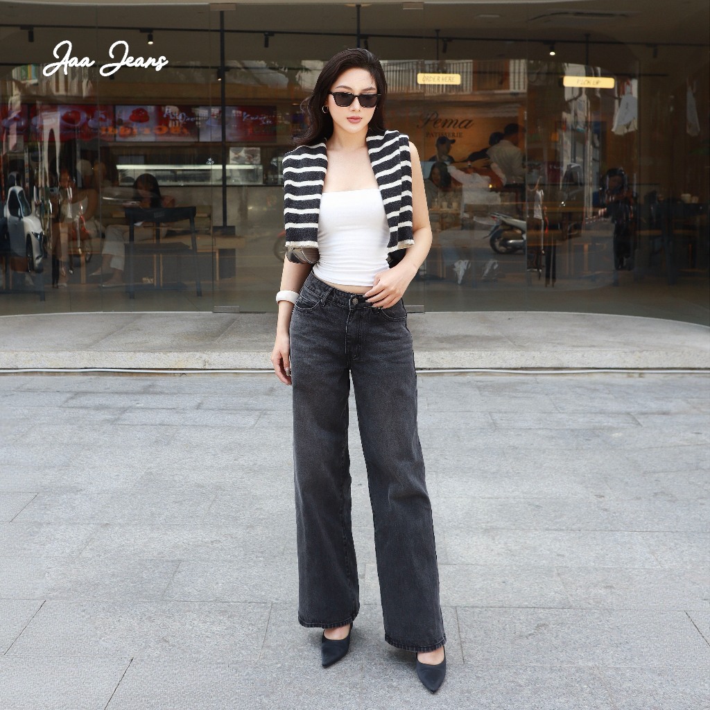 Aaa Jeans - Quần jeans nữ màu xám ống suông lưng thấp