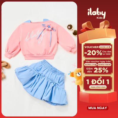 Set bộ bé gái ILABY áo nỉ dài tay phối chân váy bồng bí xòe đính hoa thủ công size đại từ 9-36kg [3402]