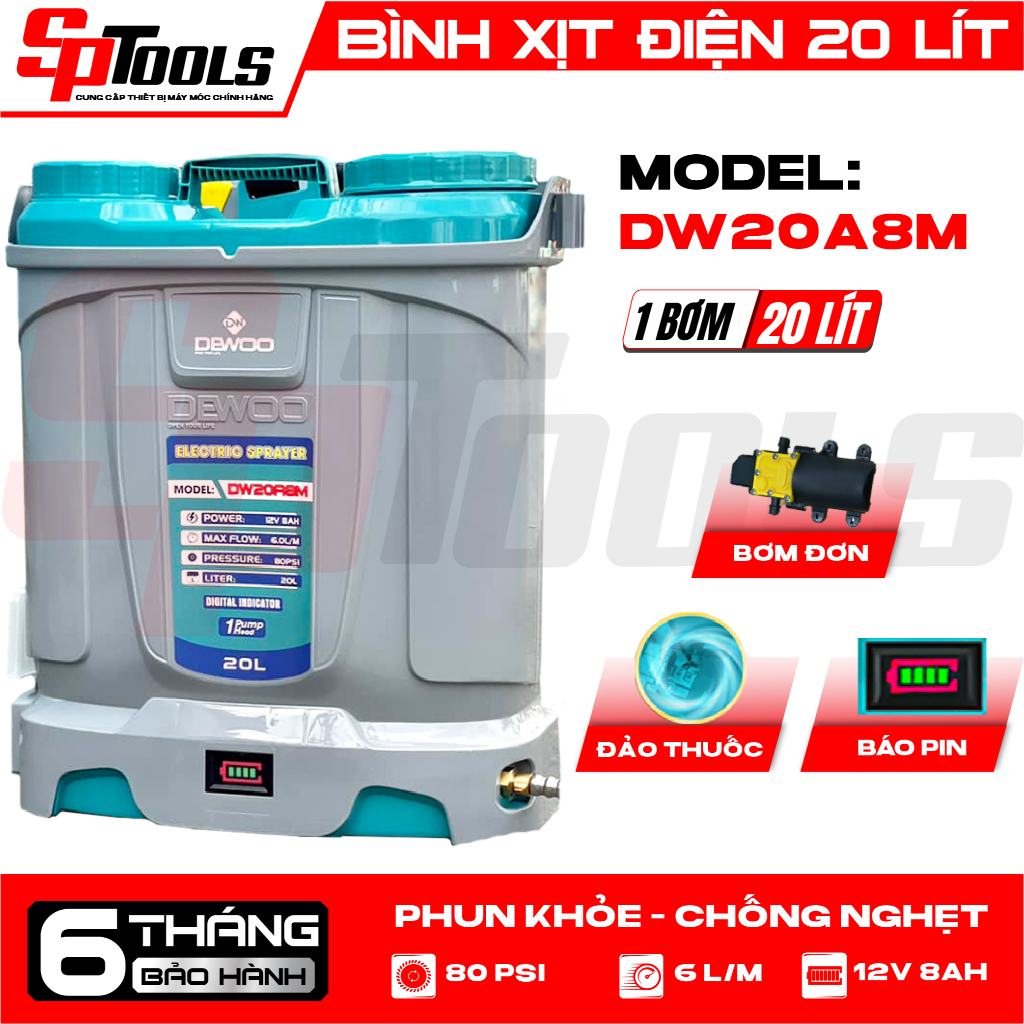BÌNH XỊT ĐIỆN 20L DEWOO DW20A8M – 1 BƠM KHỎE, PHUN MẠNH, BỀN BỈ, DỄ DÙNG