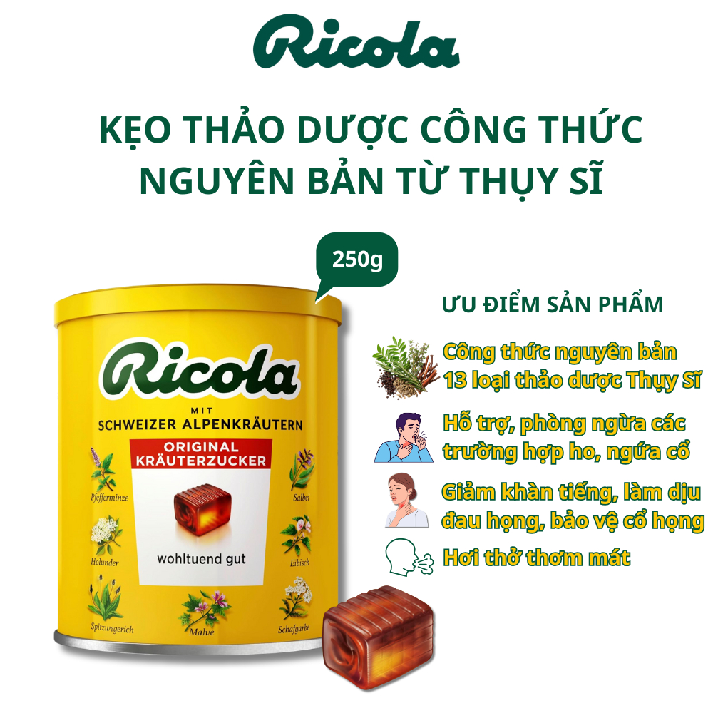 [HÀNG NHẬP KHẨU] Kẹo ngậm thảo dược Ricola Original Herb ho, đau rát họng, khàn tiếng, tự nhiên 250g