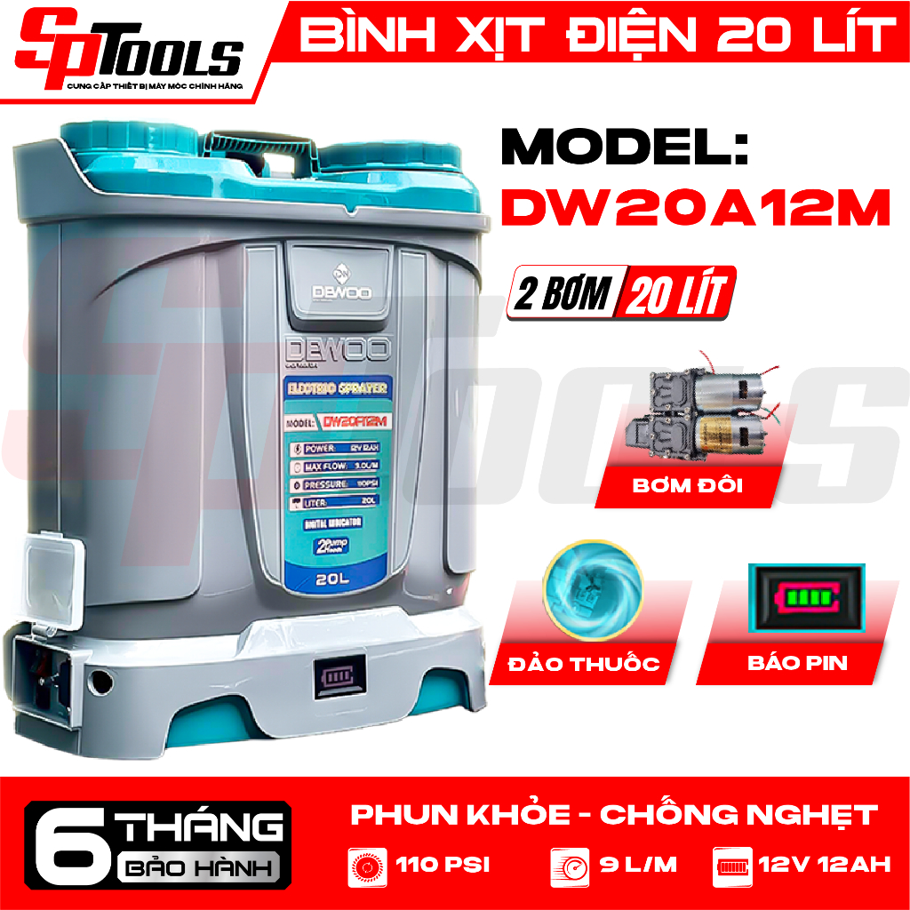 BÌNH XỊT ĐIỆN DW20A12M 20L – 2 BƠM SIÊU TRÂU, PHUN CỰC MẠNH