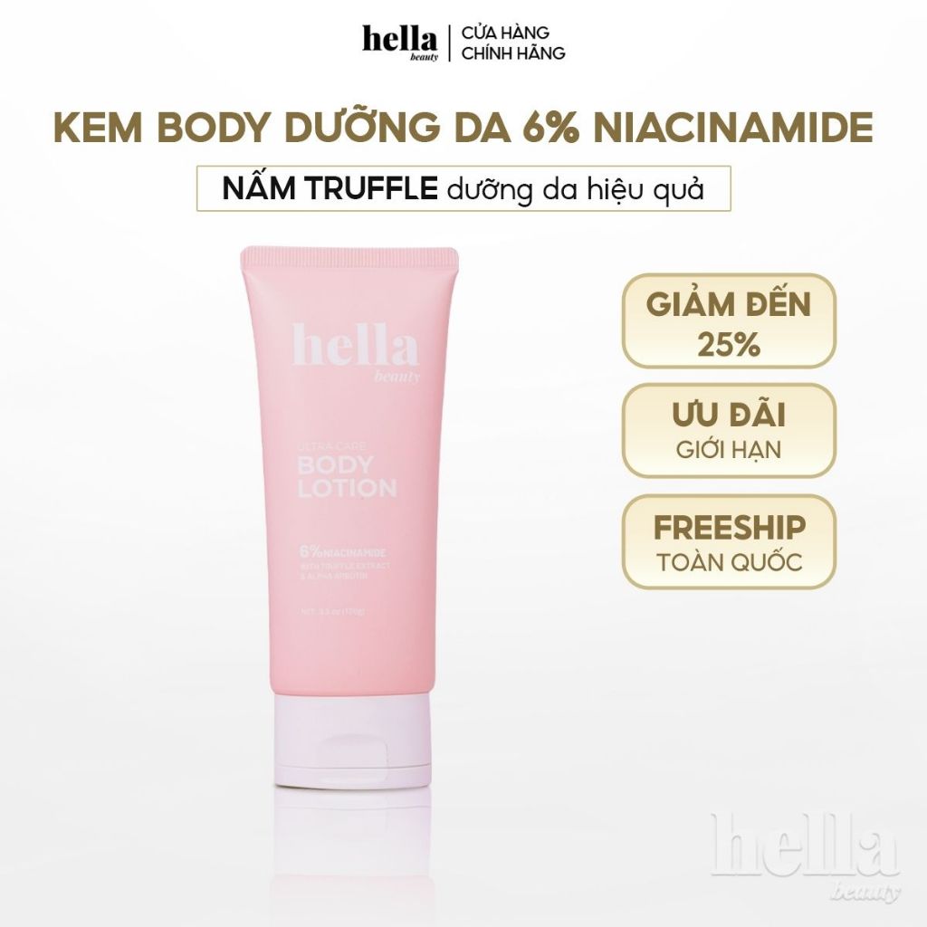 Kem body dưỡng trắng mịn da chứa 6% niacinamide nấm truffle Hella Beauty 100g