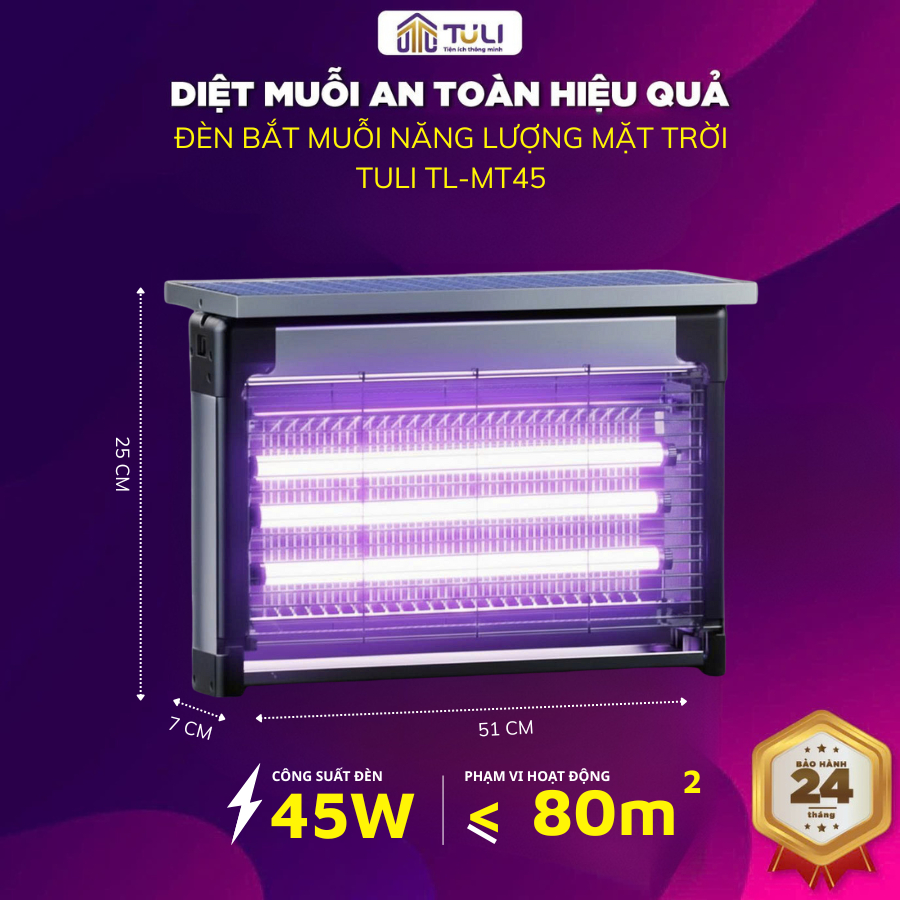 Đèn Bắt Muỗi Năng Lượng Mặt Trời TULI TL-MT45, Chống Nước, 3 Đèn Led Sáng, Cho Sân Vườn, BH 2 Năm