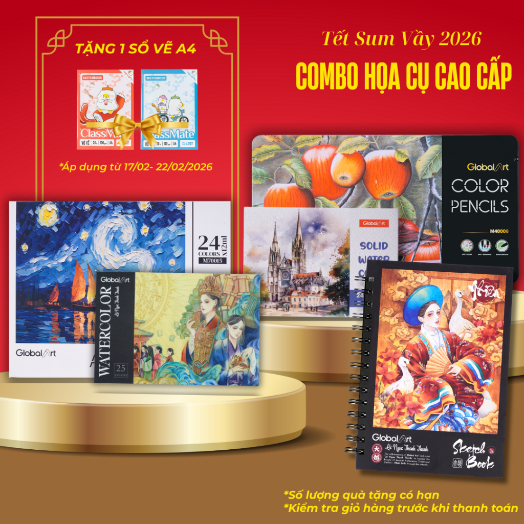 [TẾT 2026] Combo Họa Cụ Cao Cấp GLOBAL ART, Bộ Luyện Vẽ 2 Món: Sổ Sketchbook Phác Thảo Màu Chì, Màu 