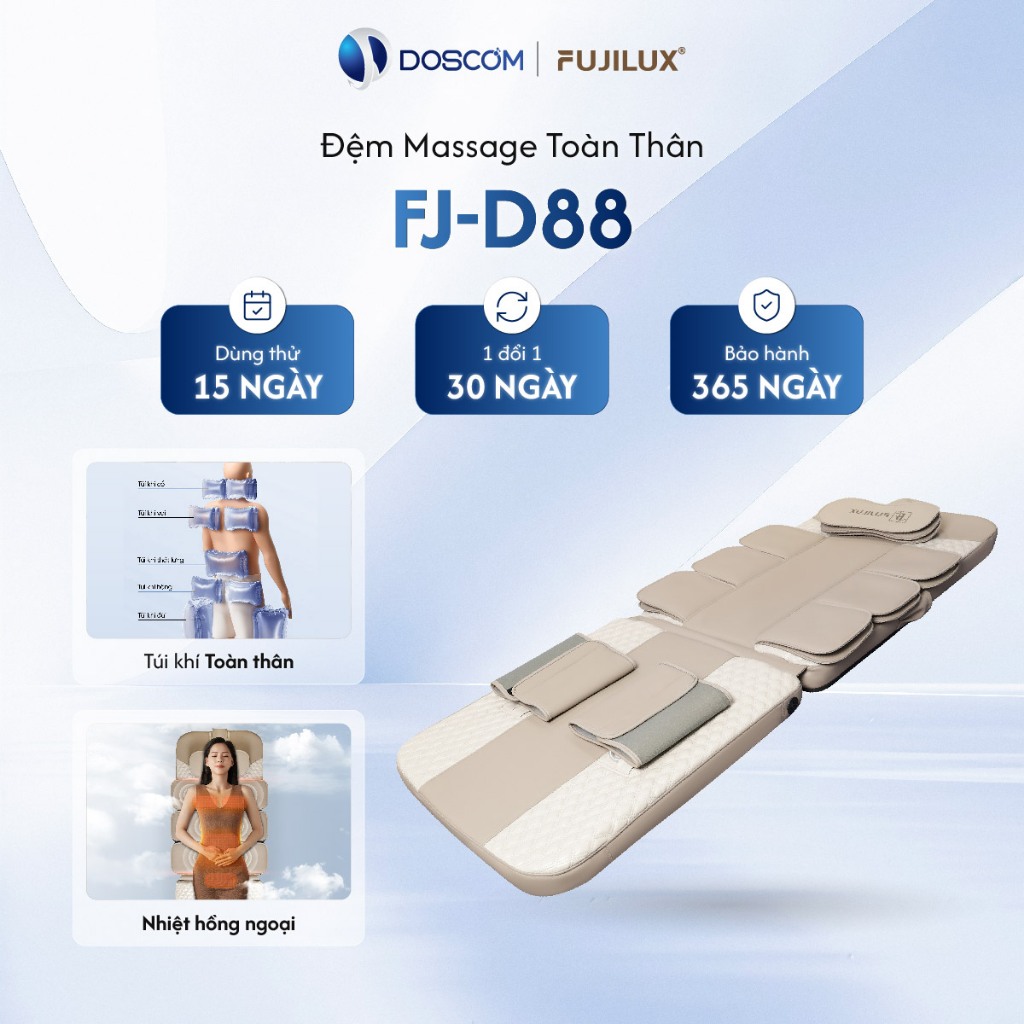 Đệm Massage Toàn Thân FUJILUX FJ-D88 – Túi Khí Toàn Thân, Bi Lăn Đa Điểm, Nhiệt Hồng Ngoại Graphene