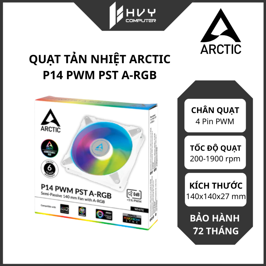 Quạt tản nhiệt Arctic P14 PWM PST ARGB/ 22.5 dBA (White) | phù hợp cho PC Gaming - Hàng Chính Hãng