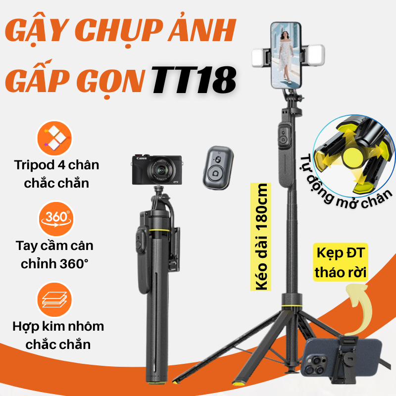 Tripod điện thoại quay phim, chụp ảnh TT18, Gậy selfie chụp ảnh 4 chân có remote bluetooth